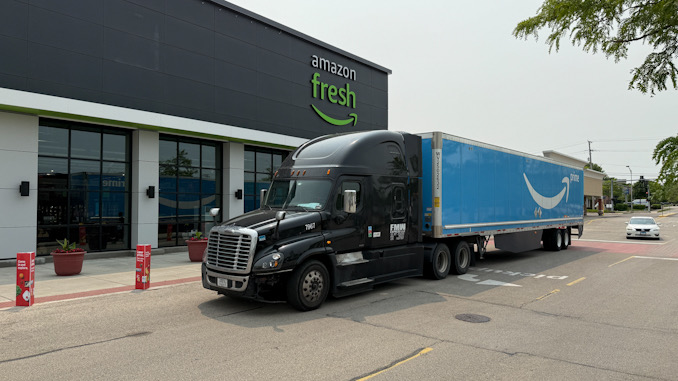 Amazon Prime truck in front of an Amazon Fresh store in Arlington Heights, Illinois (CARDINAL NEWS)