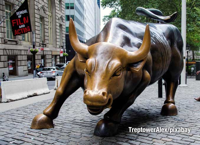 The Charging Bull, also known as the Bull of Wall Street or the Bowling Green Bull, is a bronze sculpture that is located on Broadway just north of Bowling Green in the Financial District of Manhattan in New York City (PHOTO CREDIT: TreptowerAlex/pixabay).